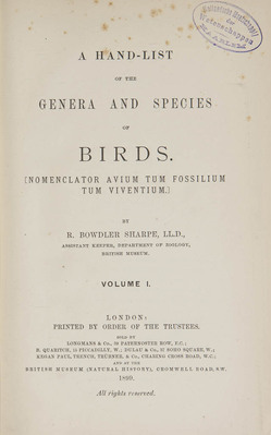 14360
          <br/>
          A handlist of the genera and species of birds (Nomenclator avium tum fossilium tum viventium)
          <br/>
          <em></em>